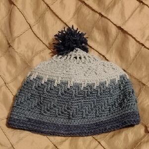Handmade Crochet Women's Size Medium Blue Acrylic Beanie With Pom Pom
